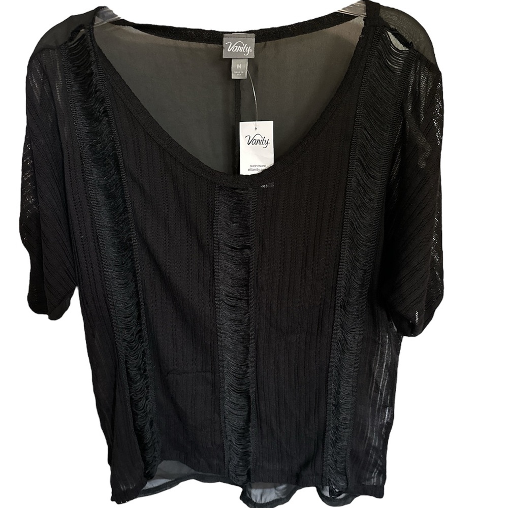 Vanity Black Boxy Distressed Knit/Chiffon Mixed Media Top.  NWT Size M.